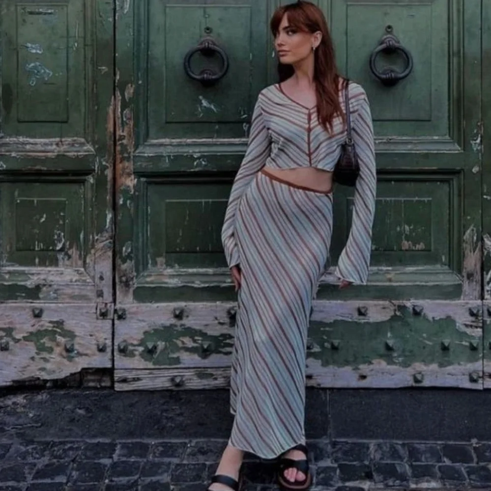Zara Stripe Knit Top & Skirt Co Ord Set Size Large Green/ Brown - Picture 1 of 16